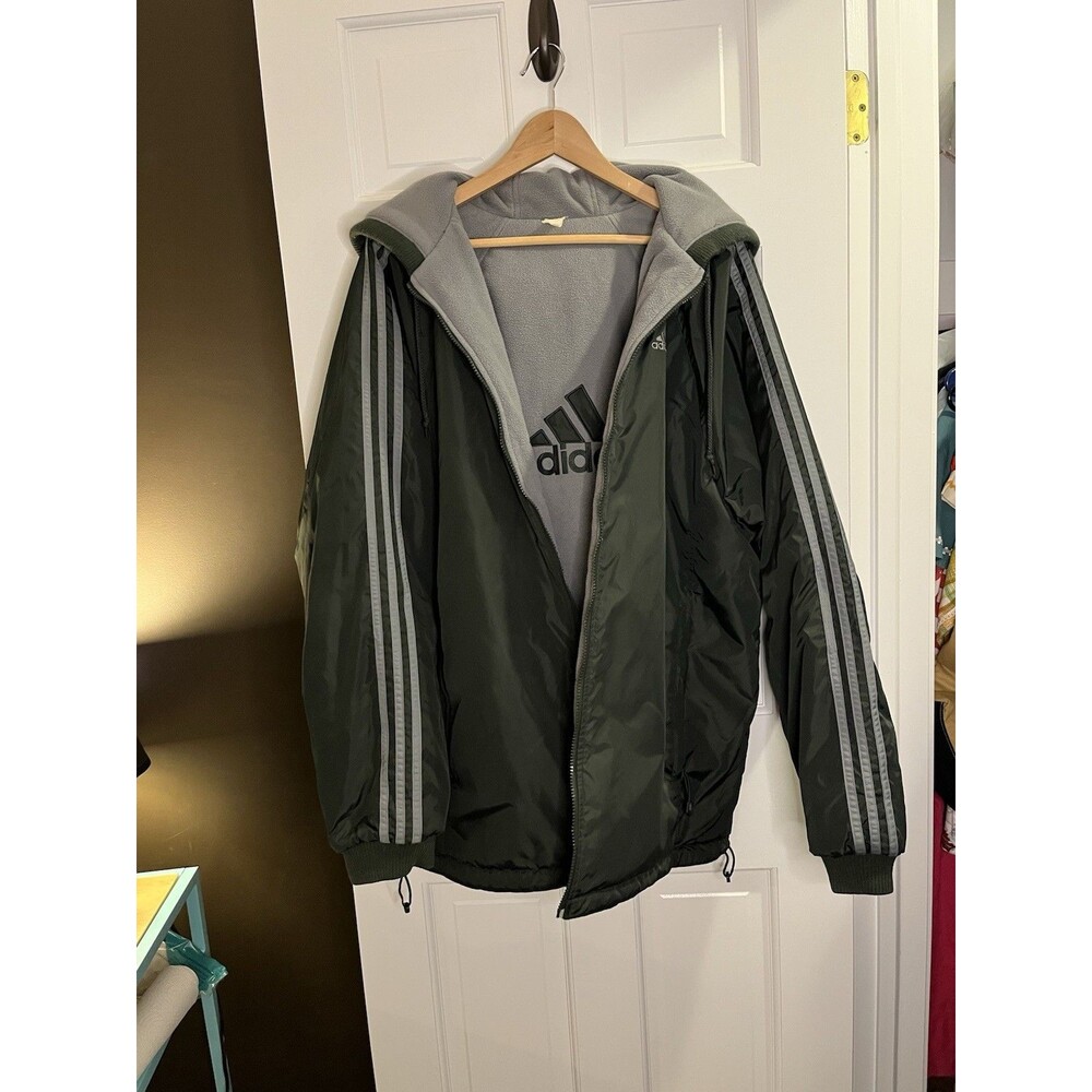 Vtg 90s Y2k Adidas Reversible Sweatshirt Lined Green Grey Heavyweight Jacket Lrg